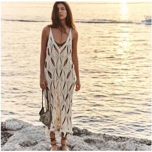 ZARA Womens Boho Beige Knit Crochet Sleeveless Beach Cover Up Maxi Dress S